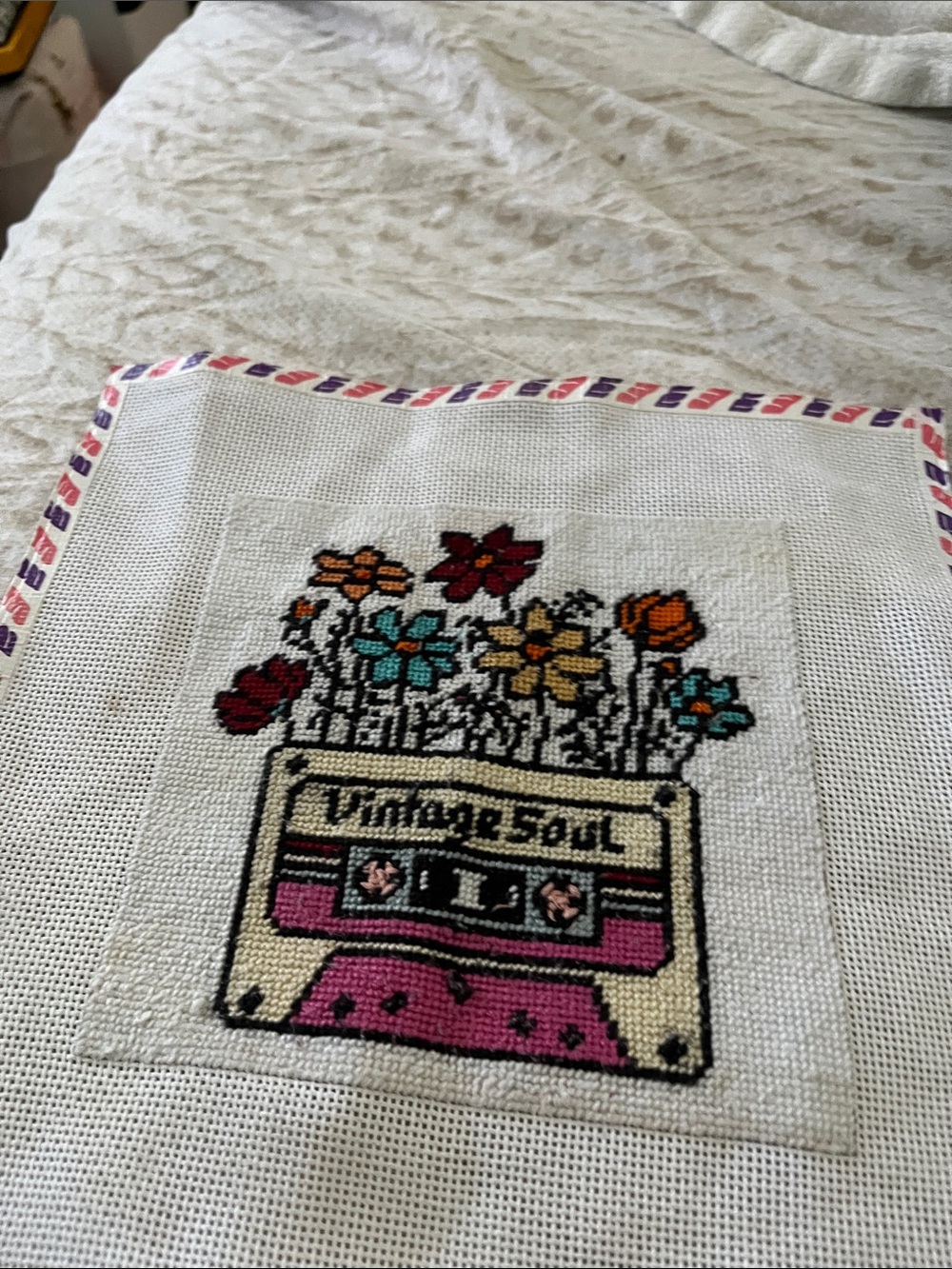 Hand-Embroidered 'Vintage Soul' Floral Cassette Wall Art - Pink, Teal, Orange
